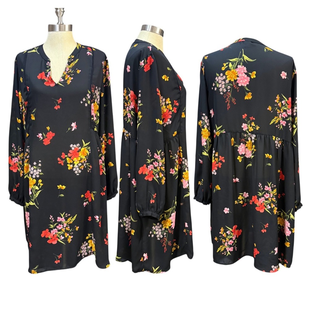 Old Navy L Floral Balloon Sleeve Midi Dress Semi Sheer Black Babydoll Cottage